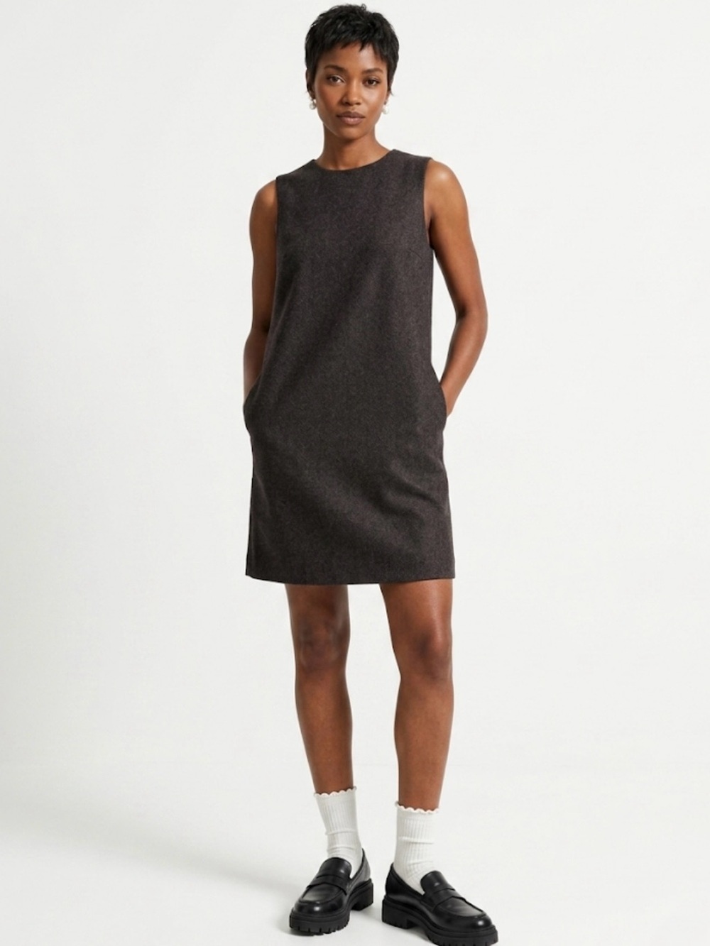 Massimo Dutti Charcoal Brown Herringbone Sleeveless Shift Dress Size 6